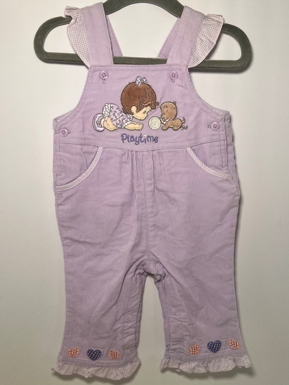 Vintage Grandma Core Precious Moments Baby Puppy Frilly Purple Corduroy Overalls